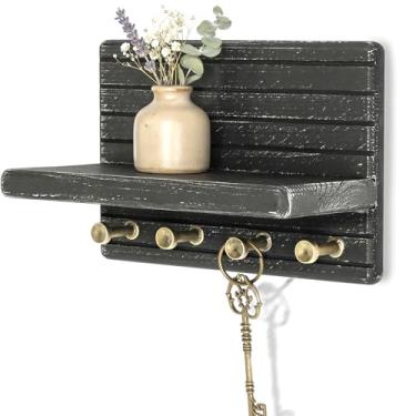 Imagem de Rebee Vision Suporte de parede de madeira de pinho para decoração de casa – Porta-chaves de parede de 18 cm com 4 ganchos resistentes e mini prateleira flutuante - Apartamento essencial ideal para