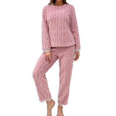 Imagem de SOLY HUX Conjunto de pijama feminino com acabamento em renda, blusa de manga comprida e calça de flanela de 2 peças, Rosa puro, P