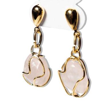 Imagem de Brinco Cesta Amarrada Pedra Quartzo Rosa Dourado - CristaisdeCurvelo
