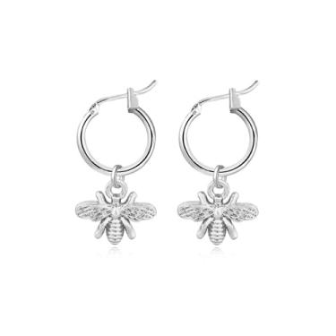 Imagem de Brincos de argola de abelha dourada para mulheres, delicados pequenos animais pequenos abelhas, brincos de gota para ela, brincos de abelha simulados 3D prata joias presente, Medium, Metal, Sem pedra