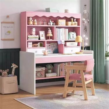 Imagem de XQZMZSCP Mesa de escritório em casa com prateleira de armazenamento, mesa de computador PC laptop com prateleiras, mesa de escrita, mesa de estudo, estação de trabalho (rosa)