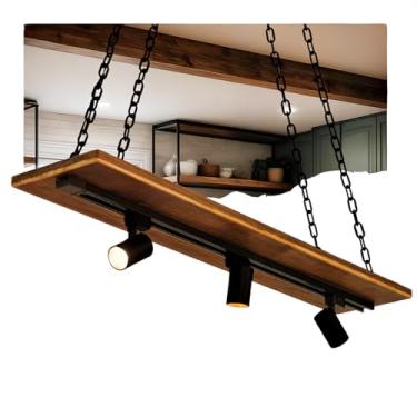 Imagem de Lustre Pendente Tábua Madeira Rústica Trilho 3 Spots Direcionáveis Corrente Ferro Iluminação Decorativa Estilo Industrial Minimalista (SPOT Branco Quente)