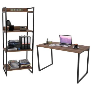 Imagem de Conjunto Escritório Estilo Industrial Mesa 135cm E Estante 60cm 4 Prateleiras Prisma C08 Nogal