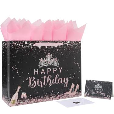 Imagem de Conjunto de bolsa de presente de aniversário preta extra grande de 40 cm com alças, cartão comemorativo, papel de seda e adesivos para meninas, mulheres, crianças, adolescentes, design de tiara, 1