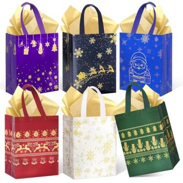 Imagem de Pacote com 18 sacos de presente de Natal tamanho médio com papel de seda - Sacolas reutilizáveis não tecidas com alças - Perfeito para embrulho de presente/suprimentos de lembrancinha de festa - 26 cm