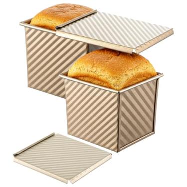 Imagem de XLIUAX Pacote com 2 formas quadradas de pão com tampa, mini forma antiaderente para pão sanduíche de aço carbono, caixa de torrada com tampa para torradeira, presente para amantes de confeitaria