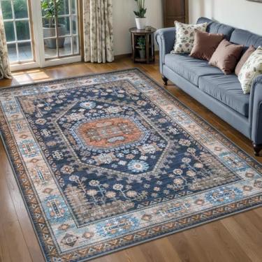 Imagem de Tangsoo Tapete vintage 10 x 15 cm para sala de estar, tapete antiderrapante macio para área interna azul/laranja