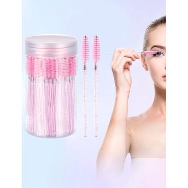 Imagem de 100 pincéis de cílios, varinhas de rímel descartáveis ajustáveis, carretel de cílios de cristal, pincel de sobrancelha com recipiente para maquiagem, extensões de cílios (rosa)
