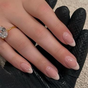 Imagem de Kit Press on Nails Conjunto de unhas falsas brancas francesas de amêndoa média com design simples cobertura completa cola em bastão falso artificial em unha acrílica para mulheres, 24 peças