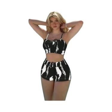 Imagem de Biquíni Feminino De Cintura Alta Preto E Branco Tie-dye Conjunto De Bi
