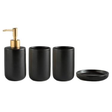 Imagem de Conjunto de 4 peças de acessórios de banheiro de cerâmica para banheiro, inclui dispensador de sabão de loção, copo de enxaguante bucal e xampu de saboneteira (preto)
