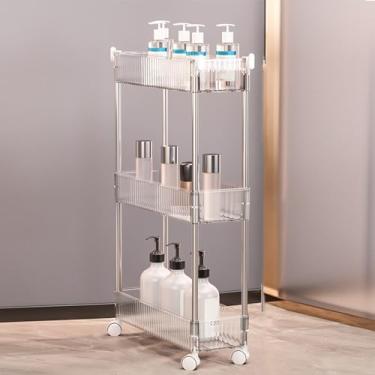 Imagem de Carrinho utilitário de acrílico transparente de 2 a 4 camadas com rodas bloqueáveis, carrinho de armazenamento multifuncional para cozinha e banheiro, organizador móvel, 37 cm P x 16,3 cm L x 64 cm A