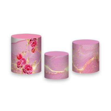 Imagem de Trio de Capas de Cilindro - Efeito Mármore Rosa com Dourado e Flores 0