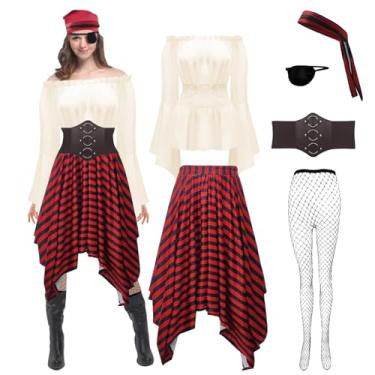 Imagem de SHOHOKU Fantasia de pirata feminina, 6 peças, cosplay, blusa renascentista, espartilho, cinto, saia de pirata, roupa de cosplay (bege, pequeno)