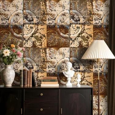 Imagem de Stickyart Papel de parede envelhecido com azulejo de estanho descasque e cole à prova d'água rústico marrom branco falso papel de parede de contato removível 3D em relevo retrô para parede de teto de