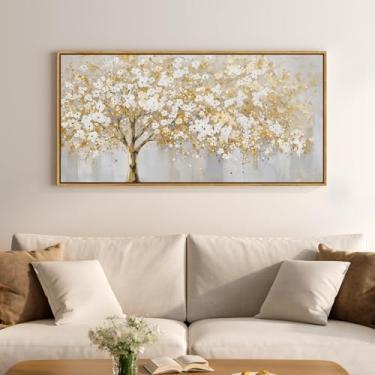 Imagem de Arte de parede emoldurada árvore da vida, grande moderna rústica casa de fazenda em tela dourada neutra arte impressa, imagem elegante cinza branco dourado para sala de estar, escritório, sala de