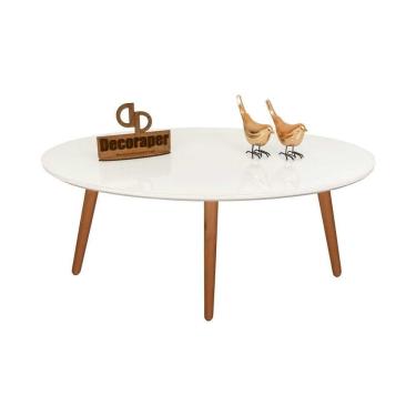 Imagem de Mesa De Centro Oval Laqueada Com Vidro Pé Palito 80x50 Branco