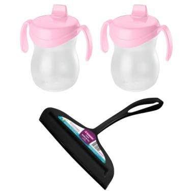 Imagem de Conjunto de 1 Rodo Plástico Multiuso Preto com Raspador 18cm + 2 Copo Infantil 310ML Atóxico Rosa