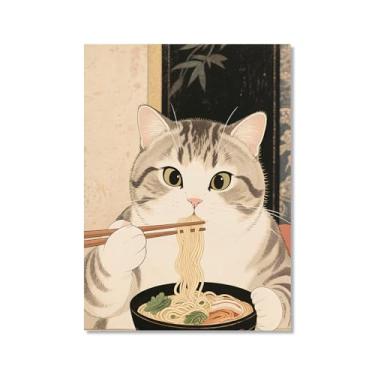 Imagem de Arte de parede em tela de gato preto engraçado vintage japonês gato comendo ramen imagem única amante de gatos para decoração de parede de cozinha e sala de jantar (SKU5,12 x 40,6 cm = (30 x 40 cm