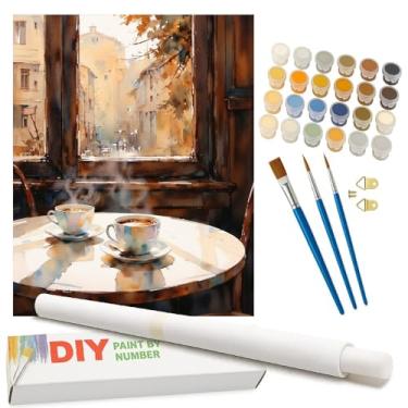 Imagem de Kit de pintura por números Coffee Time para adultos – Copos fumegantes DIY em tela enrolada em tela enrolada 40,6 x 50,8 cm, conjunto de tinta acrílica para iniciantes, arte para decoração de casa ou