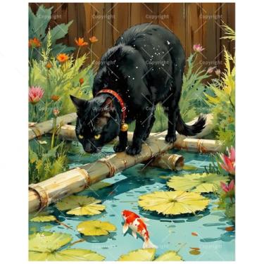 Imagem de Kit de pintura de animais e jardins por números para adultos – DIY pintura de peixe koi observando gatos pretos em tela 40,6 x 50,8 cm, conjunto de tinta acrílica, adequado para iniciantes, arte de