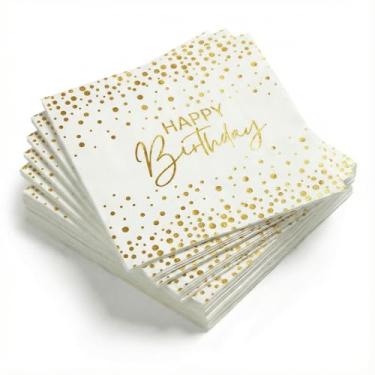 Imagem de Horaldaily Guardanapos decorativos de papel descartáveis de feliz aniversário, toalha de mão de celebração de pontos de folha de ouro branco para festa, almoço, jantar, cozinha, banheiro
