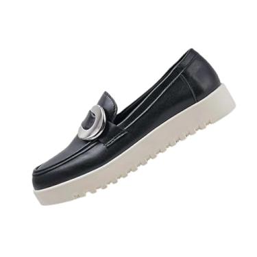 Imagem de Sapato feminino moderno casual cor sólida versátil salto baixo estilo mola bico redondo confortável sola grossa sapato grande para todos os anos, Preto, 34