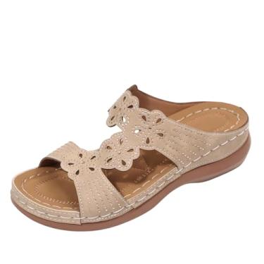 Imagem de Pantufa feminina casual primavera verão versátil uma tira salto plataforma bico aberto cor sólida, Bege, 38