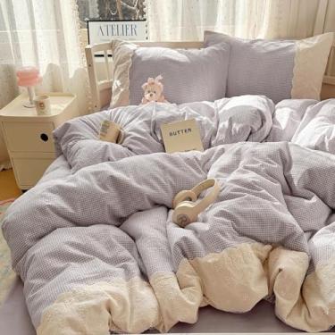 Imagem de LifeTB Conjunto de edredom solteiro, guingão, roxo, fofo, macio, estilo princesa, para meninas, cottagecore, xadrez, xadrez, com 2 fronhas, elegante, conjunto de edredom quadriculado