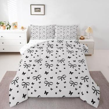 Imagem de Erosebridal Conjunto de edredom Queen com laço preto, para crianças, adolescentes, mulheres, elegante, estético, moderno, princesa, edredom