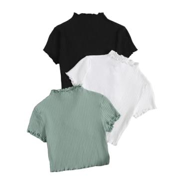 Imagem de SOLY HUX Camiseta feminina de malha canelada gola alta com acabamento de alface 3 peças camisetas de verão de manga curta, Preto, branco, verde, M