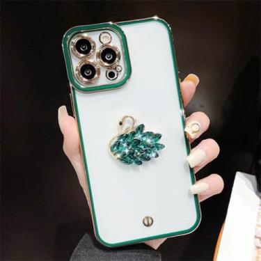 Imagem de Swan Diamond Phone Case para iPhone 11 12 13 Pro Max Mini XS XR X 6 6S 7 8 Plus SE 2020 2022 Capa de proteção de lente transparente, verde, para iPhone 7 Plus