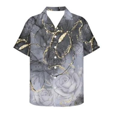 Imagem de Yewattles Blusa masculina de manga curta, gola redonda, botão, solta, casual, outono, primavera, PP-7GG, Mármore dourado preto, M