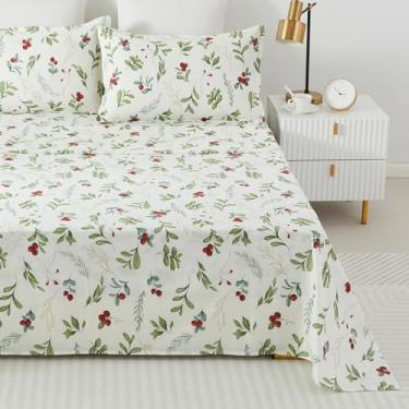 Imagem de Helthep Jogo de lençol floral, 100% algodão, branco, floral, estampado, lençol completo com 44,5 cm de profundidade, 4 peças, lençol de flor vintage botânico branco para cama de casal