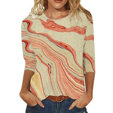Imagem de Aayomet Camisetas femininas de manga três-quartos da moda, estampadas, casuais, gola redonda, pulôver, túnica, camisetas soltas, Cáqui, M