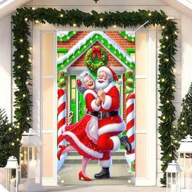 Imagem de Bandeira de porta dançante de Papai Noel e Sra. Noel, decoração festiva de Natal para varanda e jardim, 188 x 89 cm, decoração de porta de Natal, tecido de poliéster, decorações de natal para