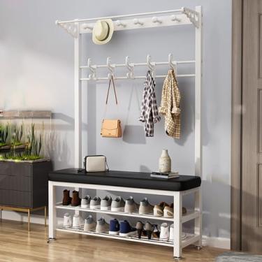 Imagem de Cabideiro, árvore de corredor com banco de sapatos para entrada, com banco de armazenamento de sapatos 3 em 1 sapateira de diferentes alturas, banco de entrada com cabide, móveis de madeira com