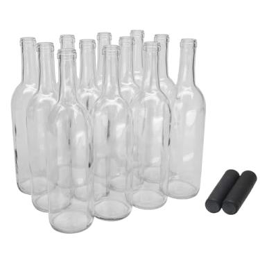 Imagem de North Mountain Supply Garrafa de vinho Bordeaux de vidro de 750 ml com acabamento de cortiça de fundo plano - pederneira/transparente - caixa com 12 - com cápsulas termorretráteis de PVC gratuitas -