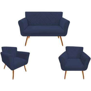 Imagem de Kit Namoradeira + 2 Poltronas Decorativa Sabrina Suede Azul Marinho Pé