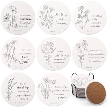 Imagem de Hushee Porta-copos para bebidas com versículos da Bíblia, conjunto de 8 com suporte, porta-copos de cerâmica absorvente inspirador com cortiça para decoração de casa, presentes religiosos cristãos