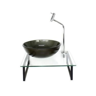 Imagem de Kit Cuba de Vidro Redonda 1cm Tampo 40cm com Suporte Torneira Valvula Ouro