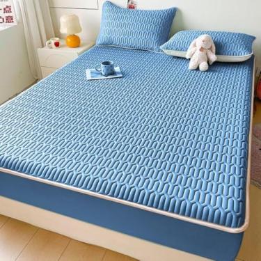 Imagem de Protetor de colchão à prova d 'água, adequado para a pele, ajuste fácil, almofada macia, protege com tiras elásticas, cor sólida, lavável, capa de cama, protetor de colchão respirável - Azul||Queen
