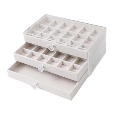Imagem de YIJU Caixa de joias de tecido de veludo com 3 gavetas, organizador de pulseiras 23,5 x 13,5 x 10,5 cm, capa de acrílico para acessórios, caixa para, Bege