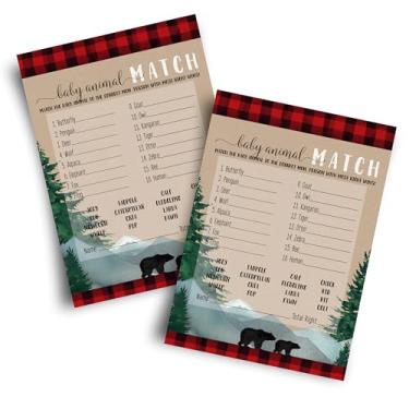 Imagem de Jogo de cartas para chá de bebê lenhador combinando com 25 pacotes para meninos – fonte de urso rústico vermelho preto – conjunto de tamanho 5 x 7 – festa de papel inteligente