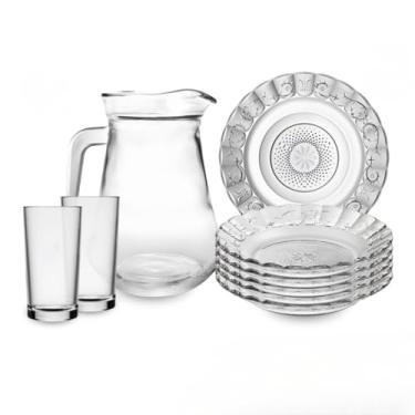 Imagem de Jogo De Pratos Fundos E Copos C/13 Peças Aparelho de Jantar Em Vidro Com Jarra(Rubi)
