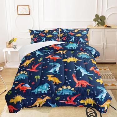 Imagem de QOOMO Jogo de cama solteiro com desenho animado de dinossauro, azul escuro, dinossauros, supermacio, com 1 edredom e 2 fronhas, microfibra leve para todas as estações