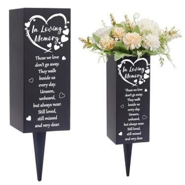 Imagem de CREATCABIN Vasos de cemitério para túmulos de metal cemitério de flores suporte de flores com espinhos memorial funeral sepultura vasos de flores decorações coração preto vasos de flores para plantas