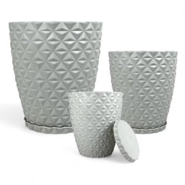 Imagem de Vaso Planta，Conjunto de 3 Vasos Decorativos de Diamantes P, M, G(BRANCO C/PRATO)