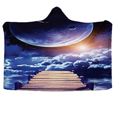 Imagem de Cobertor infantil com capuz do espaço sideral, observando uma chuva de meteoro de uma doca de madeira sob os raios do sol, capa de viagem familiar para sofá, escola, L203 x C 152 cm, índigo laranja