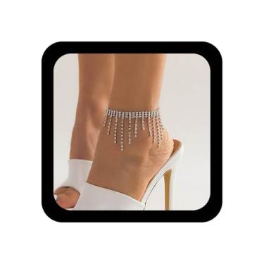 Imagem de Xduargs Pulseira de tornozelo com borla de cristal boho prata longa corrente tornozeleira vintage glitter tênis corrente ajustável CZ cachoeira borla elos acessórios para mulheres
